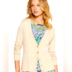 Lilly Pulitzer Heidi Gold Tan Button Up Long Sleeve V Neck Cardigan